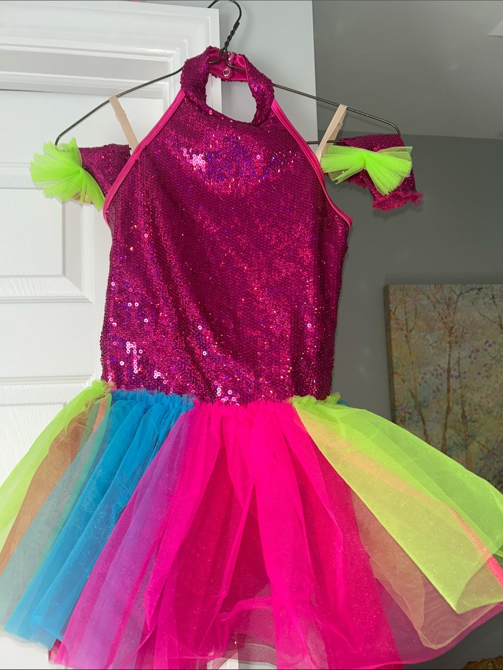 Weissman Hot Pink Sequin Halter Tutu Dress with Neon Accents